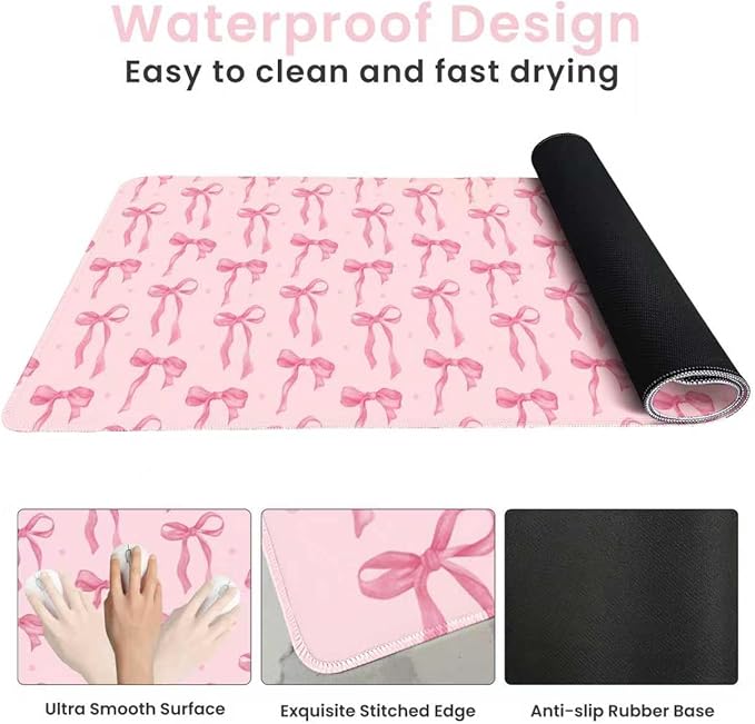 Pink Desk Mat with Bows, Cute Bow Mouse Pad for Computer Laptop PC Non-Slip Rubber Base Gaming Keyboard Pad, Large Office Mat Girly Décor Office Supplies Accessories for Teen Girls Women 35.4 x 15.7in