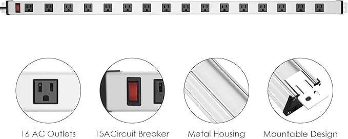JUNNUJ Long Metal 16 Outlet Power Strip, Wide Spaced Garage Industrial Heavy Duty Power Strip with 6 FT Cord 15A, 125V, 1875W-Silver