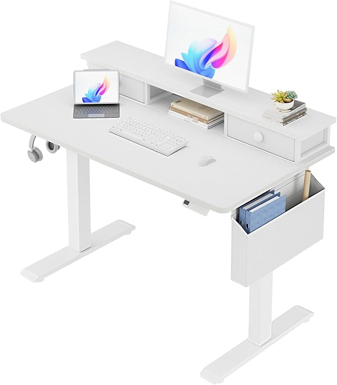 White Electric Standing Desk with Drawers - 40 Inch Small Standing Desk with Shelf Monitor Stand Storage Height Adjustable for Home Office, Study Writing Girls Computer Sit Stand Desks for Bedroom