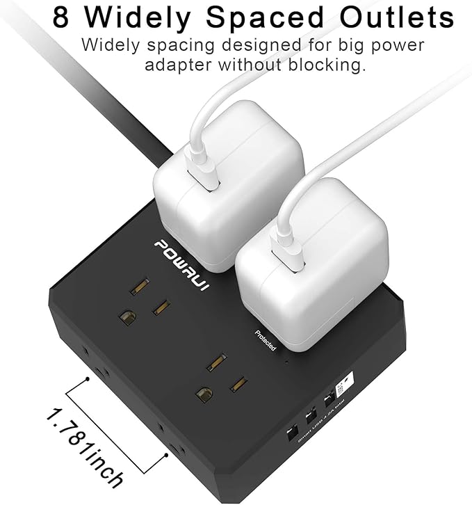 Surge Protector Power Strip - 20 Ft Flat Plug Extension Cord with 8 Widely Outlets and 4 USB Ports(1 USB C), 3 Side Outlet Extender for Home Office, Black, ETL Listed