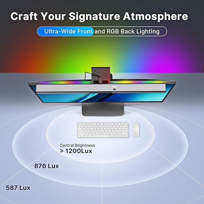 Syrinx Computer Monitor Light Bar with Backlight for Home Office, Eye-Caring USB LED Reading Lamp, Dimmable Screen Monitor Lamp, Smart Motion Sensor, Touch Control, CRI 95+, No Screen Glare for (RGB)