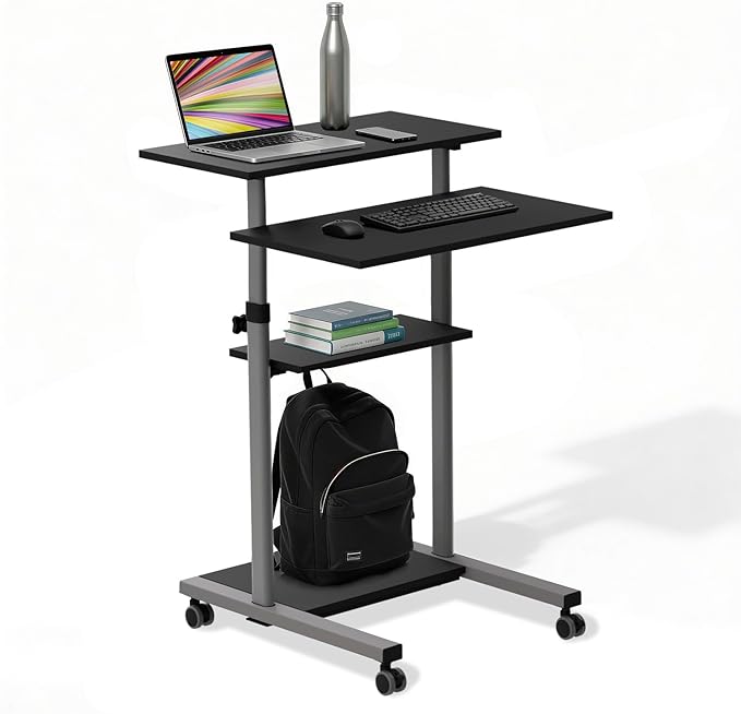 Mount-It! Rolling Desk Adjustable Height up to 54.7", Portable Standing Desk for Laptop or Podium Stand with Wheels, Mobile Roller Presentation Cart, Computer Work Station 27.5" Wide, Locking Wheels