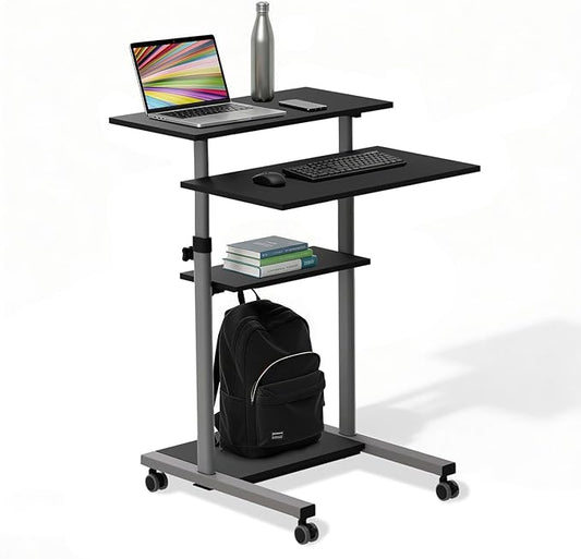 Mount-It! Rolling Desk Adjustable Height up to 54.7", Portable Standing Desk for Laptop or Podium Stand with Wheels, Mobile Roller Presentation Cart, Computer Work Station 27.5" Wide, Locking Wheels