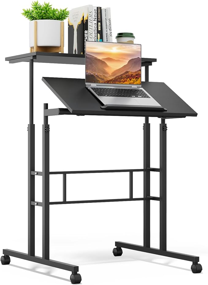 Athena Collection Height Adjustable Rolling Desk Mobile Portable Laptop Stand Cart Small Sit Standing Desk Computer Table Workstation for Home Office, Black