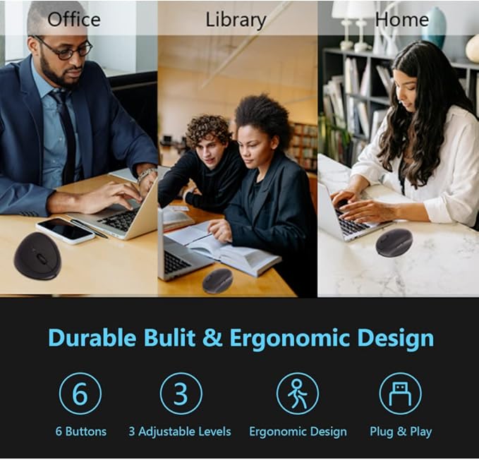 3C Light 2.4G Wireless Vertical Mouse,Ergonomic Vertical Optical Mouse Cute Mini Mice with Adjustable Sensitivity (800/1200/1600 DPI), 6 Buttons for PC, Desktop, Laptop, Notebook (Vertical Black)