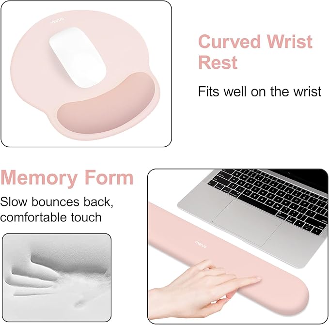 MOSISO Wrist Rest for Keyboard Mouse Pad Set, Large Gaming Deskpad&Circle Curved Mousepad&Keyboard Wrist Rest&Coaster, Ergonomic Non-Slip Mousepad&Easy Typing Pad with Silicone Lining, Baby Pink
