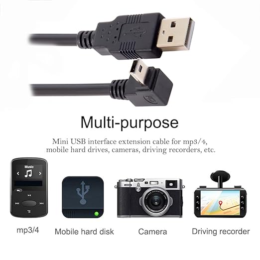 NFHK Mini USB B Type 5pin Male Down Angled 90 Degree to USB 2.0 Male Data Cable 5 Meters with EMI Ferrite Core 50cm