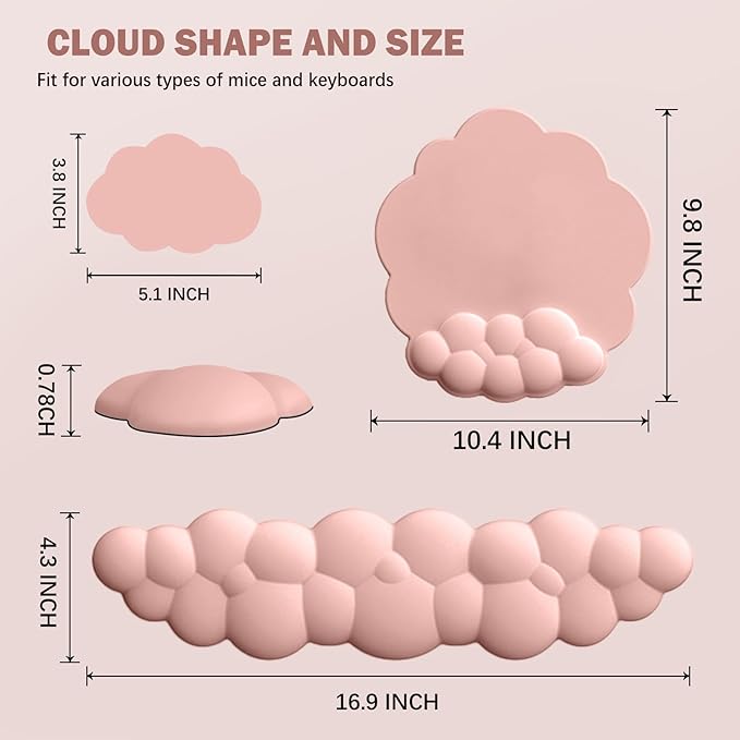 Cloud Keyboard Wrist Rest and Mouse Pad with Wrist Support Set, Ergonomic PU Leather Mouse Pads, Memory Foam Non-Slip Mousepad for Computer,Laptop, Light Pink Cloud