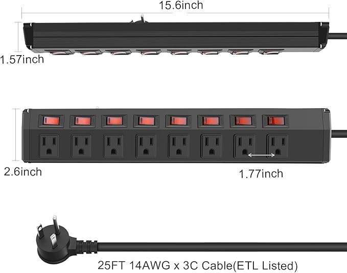 8 Outlet Heavy Duty Power Strip with 8 Individual Switches,Moutable Metal Power Strip Surge Protector 1200 Joules,25FT 14AWG Extension Cord,15A 1800W 125V 60Hz