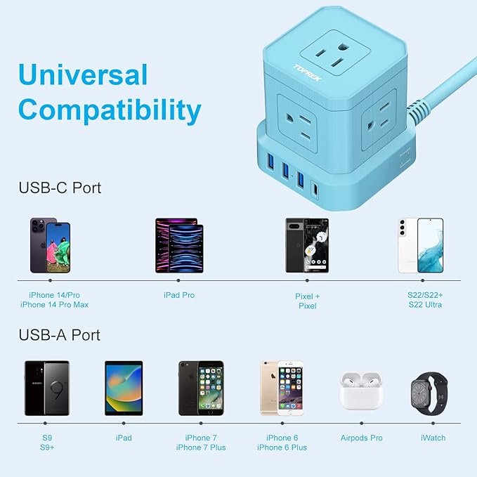 Power Strip with USB-C (3.0A), TOPREK Surge Protector (700J), TOPREK 10 FT Extension Cord with Flat Plug, 5 AC Outlets 4 USB, Desk Charging Station for Living Room, Nightstand, Office, Travel