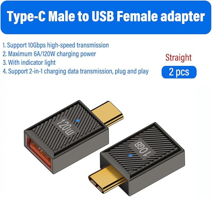 2 Pack USB-C to USB-A Adapter,10Gbps 120W with LED,Compatible with Laptops, Smartphones,Gaming Consoles (Straight USB-C to USB-A with LED Indicator)