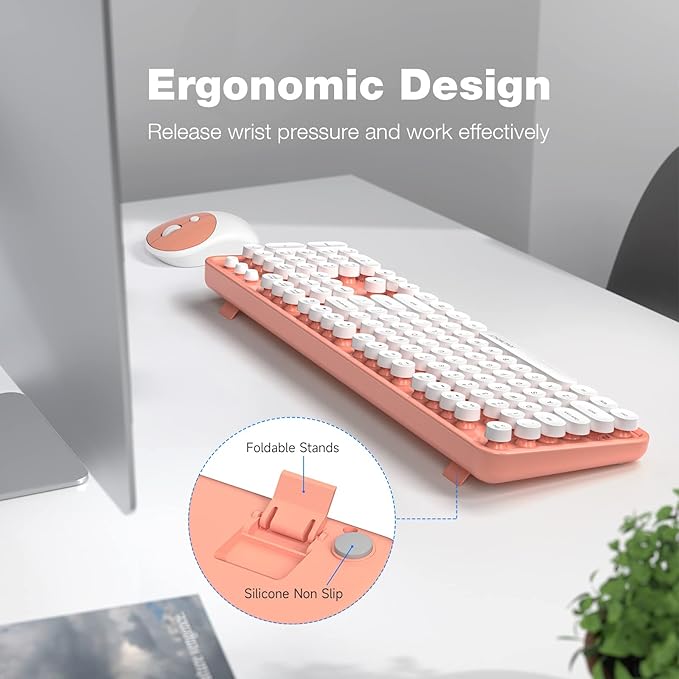 KNOWSQT Wireless Keyboard and Mouse Combo - White-Orange Full-Sized 2.4 GHz 104 Keys Typewriter Keyboard, Flexible Round Keycap and Optical Mouse for Windows, Computer, PC, Laptop, Desktop, Mac
