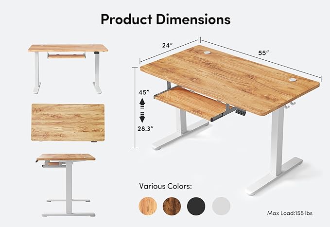 BANTI 55" x 24" Height Adjustable Electric Standing Desk with Keyboard Tray, Sit Stand up Desk with Splice Board, White Frame/Light Rustic Brown Top