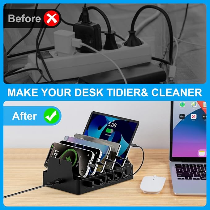 Charging Station for Multiple Devices, 6 Port USB Desktop Charger Dock Compatible with iPad, Samsung, Android, Tablet, Family Multi Phone Charging Organizer with Divider Holders, Fireproof ABS (White)