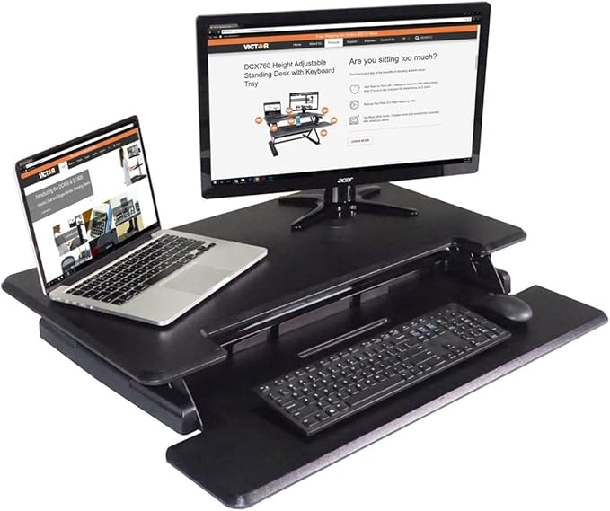 Victor DCX610 Height Adjustable Compact Standing Desk| Black| 33” Wide Sit-Stand Dual Monitor Desk and Laptop Riser Workstation| Compatible with Most Monitor Arms