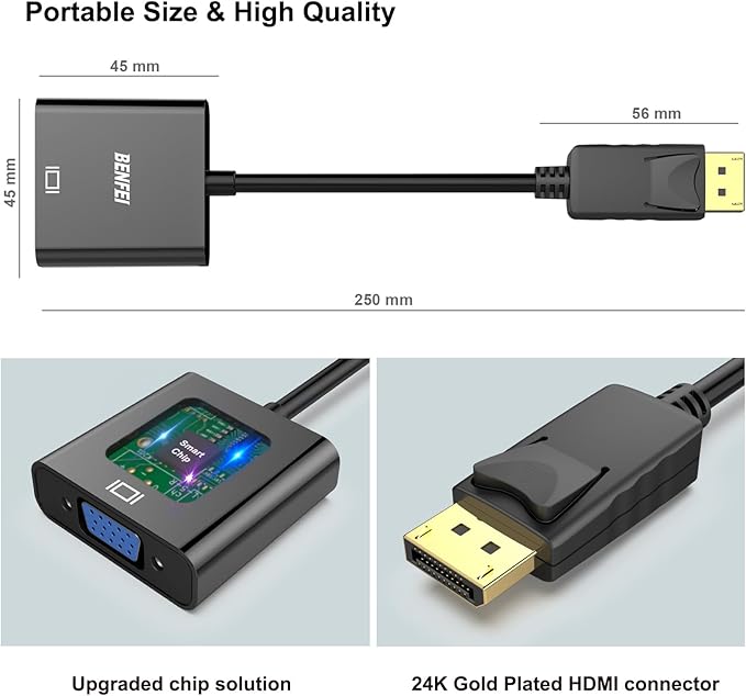 BENFEI DisplayPort to VGA,Gold-Plated Uni-directional DP Computer to VGA Screen Adapter 1080P (Male to Female) Compatible for Lenovo, Dell, HP, ASUS