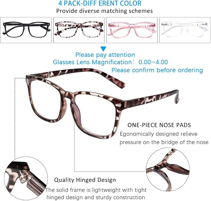 Henotin 4-Pack Blue Light Blocking Reading Glasses Women Men,Spring Hinge Computer Readers,Anti UV Ray Square Nerd Eyeglasses (Mixed Color, 2.00, Diopters)