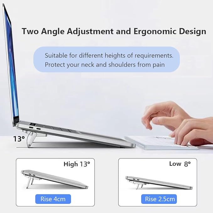 2PCS Zinc Alloy Mini Foldable Laptop Stand, Portable Computer Keyboard Riser with 2 Adjustable Angles, Self-Adhesive Invisible Notebook Stand and Keyboard Lift for Desk (Silver)