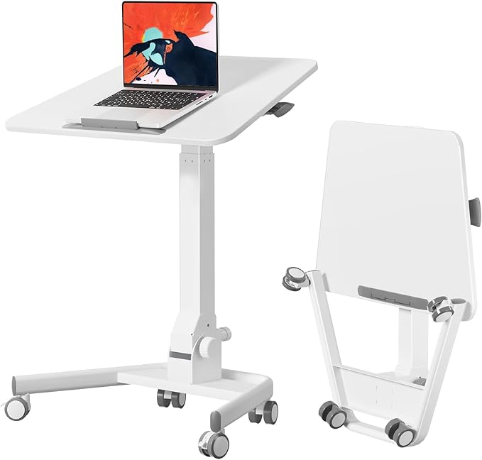Foldable Mobile Standing Desk, 90 Tiltable Rolling Standing Desk, Height Adjustable Portable Laptop Workstation for Home Office, Easy to Fold, White