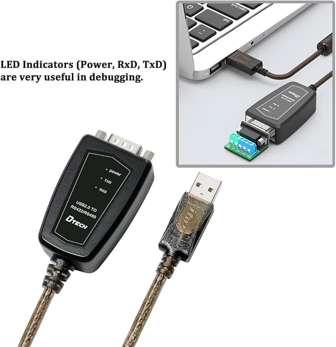 DTECH USB to RS485 Adapter RS422 Serial Port Cable with CP2102 Chip Terminal Board LED Lights Ferrite Core for Windows 11 10 8 7 XP Mac (5 Feet)