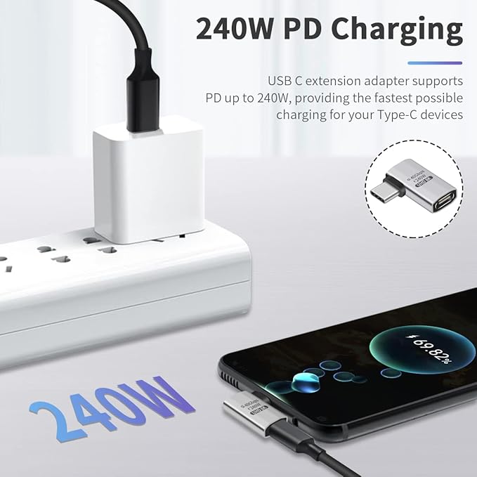Duttek 240W Right Angle USB-C Adapter, 40Gbps USB C 90 Degree Adapter Male to Female with 8K@60Hz Video Compatible for Thunderbolt 3/4, Switch, MacBookPro/Air, ipad and More Type C Devices (1 Pack)