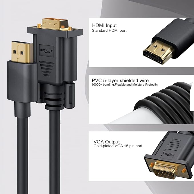 HDMI to VGA Cable Adapter, Gold-Plated 6 Feet HDMI to VGA Male to Male Cord for Computer, Desktop, Laptop, PC, Monitor, Projector, HDTV, and More (NOT Bidirectional)