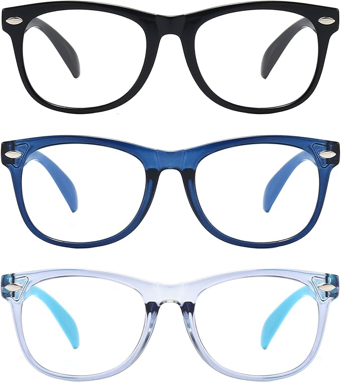 3 Pack Kid Blue Light Glasses For Kids Girls Boys Computer Blue Light Kids Glasses Clear Glasses Age 3-9 (Black + Dark blue + Light blue)