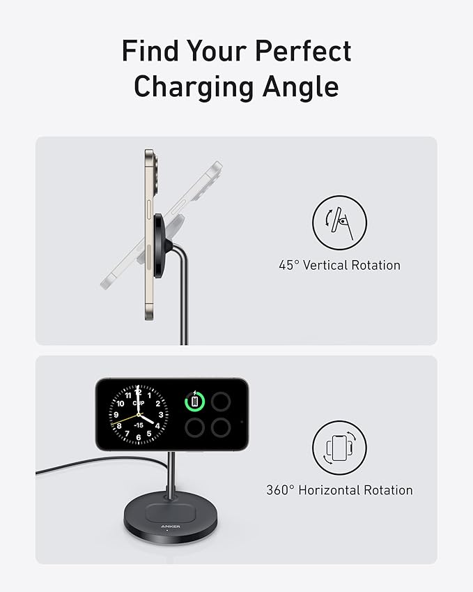 Anker MagSafe Compatible MagGo Charger Stand, iPhone 17 Wireless Charger, 2-in-1 Charging Station, Qi2 Certified 15W Fast Charging, for iPhone 17/16/15/14/13/12, AirPods Pro (40W Adapter Included)