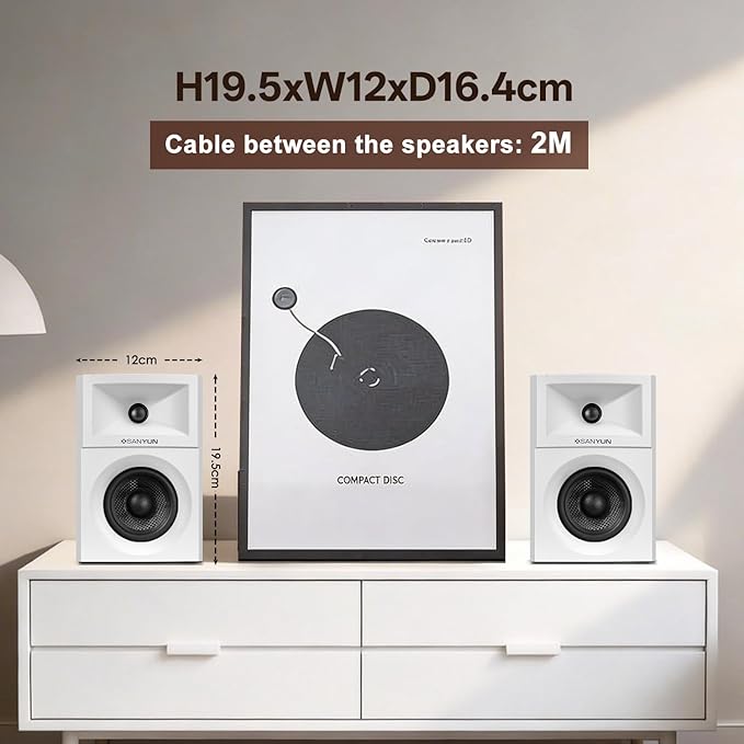 Sanyun SW203 4.0 Computer Speakers - 60W 4-Way DSP Control 3D Immersive Sound - 3" Carbon Fiber Woofer & 20mm Silk Dome Tweeter - 24bit DAC USB/Bluetooth 5.4/AUX - Studio-Grade Audio (Pair, White)