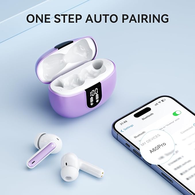 Wireless Earbuds, Bluetooth 5.3 Headphones 40Hrs Playtime Deep Bass Stereo, LED Power Display, Call Noise Canceling Headphones with Mic, IP7 Waterproof Earphones for iOS Android Purple