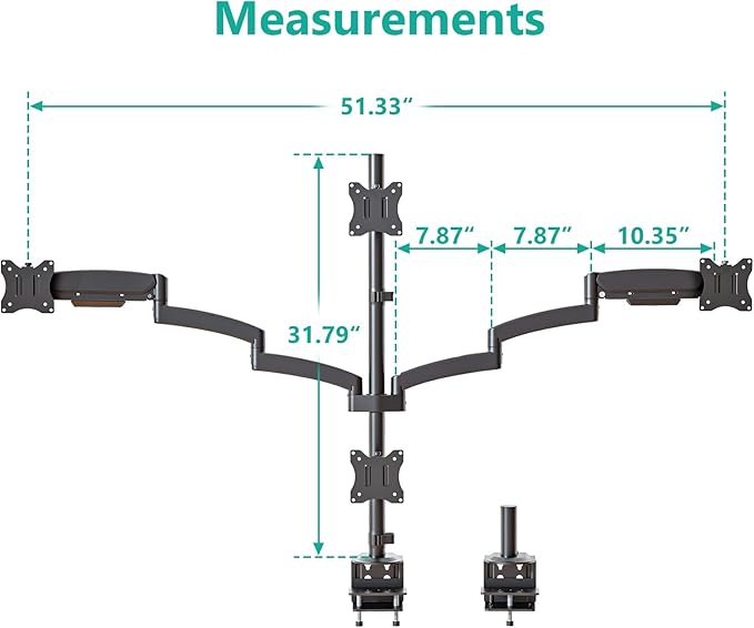WALI Quad Monitor Mount for 13-27 inch Screens, Extra Tall 4 Monitors Desk Mount, up to 19.8lbs, 32.2 inch Height Max, Fully Adjustable Gas Spring 4 Monitor Arms, VESA 75/100mm (GSDM004S), Black
