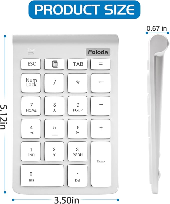 Foloda Wireless Number Pad, 10 Keys USB Keypad for Laptop, 22 Keys Extensions Numeric Numpad Computer Laptop Accessories for PC Desktop Surface Pro Notebook