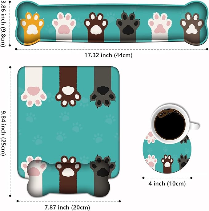 Wrist Rest Support Ergonomic Gel Mouse Pad & Memory Foam Keyboard Set, Non-Slip Rubber PU Base for Home Office Working Studying Easy Typing & Pain Relief, Cute Cat Paws
