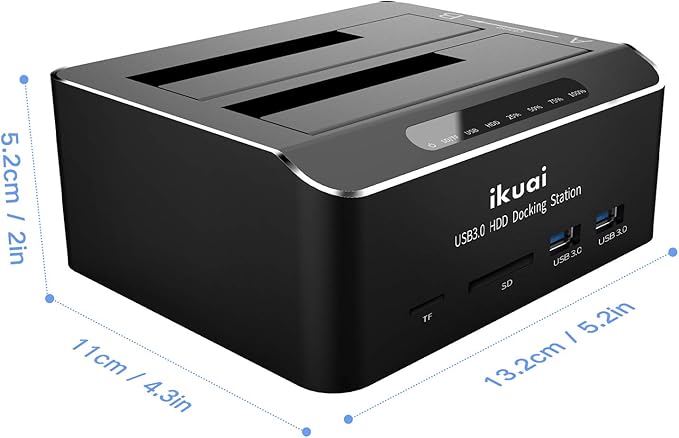 SATA to USB 3.0 Dual Bay Hard Drive Dock for 2.5"/3.5" SATA HDD SSD with Micro SD Card Reader 2 USB 3.0 Port, Offline Clone Function External Hard Drive Docking Station, 2X20TB and UASP Support