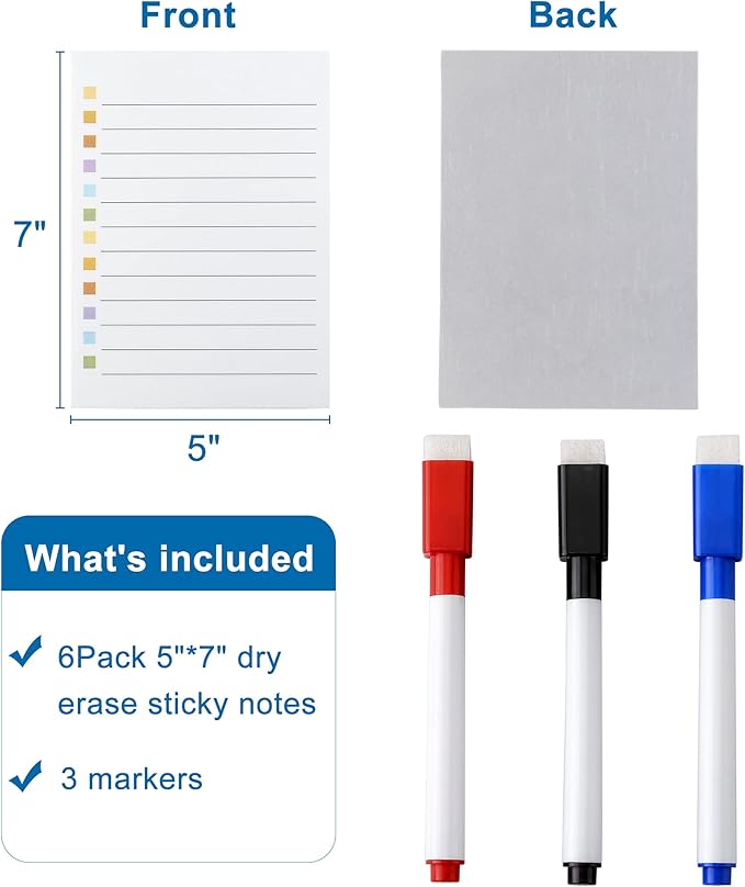 Mornajina 6Pcs Dry Erase to Do List 5x7 inch, Whiteboard Stickers for Wall with 3 Markers, Reusable Lined Stickies Planner to Do List, Suitable for Wall, Fridge, Mirror, Desk, Glass