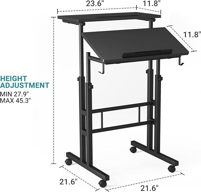 Klvied Adjustable Height Standing Desk with Cup Holder, Portable and Easy to Move, Ideal for Home or Office, Black