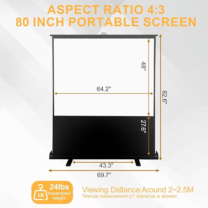 LIHONG Screen 80 inch 4:3 Manual Pull Up Projector Screen Floor Rising Standing Projector Screens 4K HD Indoor & Outdoor Projection Screen for Home Theater Movies,Classroom,Hotel,Office
