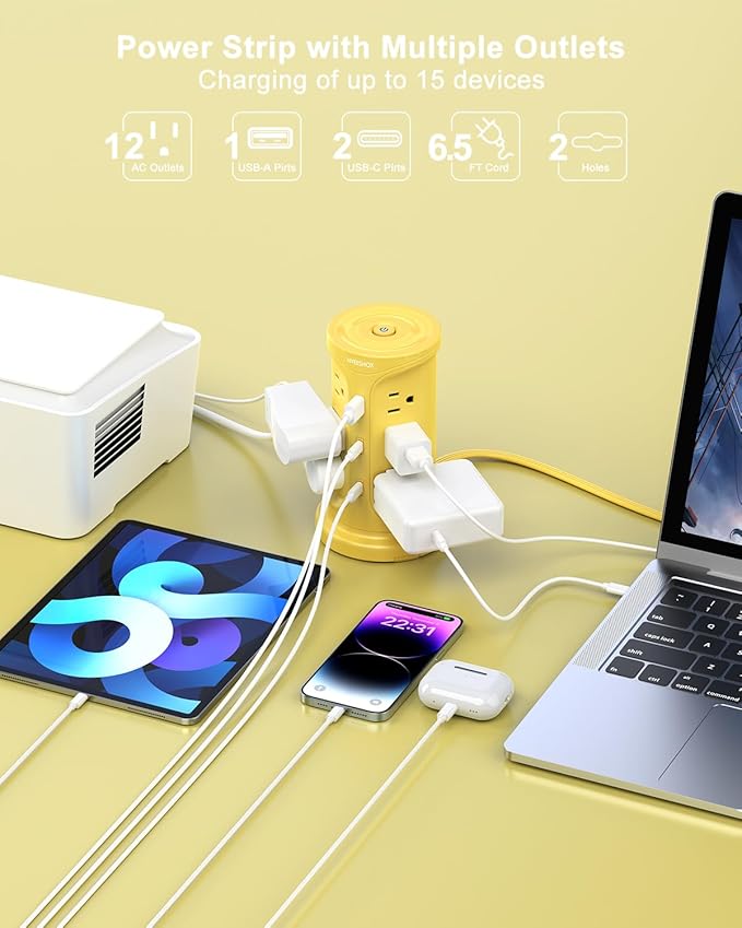 Tower Power Strips with Surge Protection, 6.5FT Flat Extension Cord with Multiple Outlets, 12 AC 4 USB Ports(2 Type C), Flat Plug Surge Protector Power Strip with Screw Wall Mount for Home Office Dorm