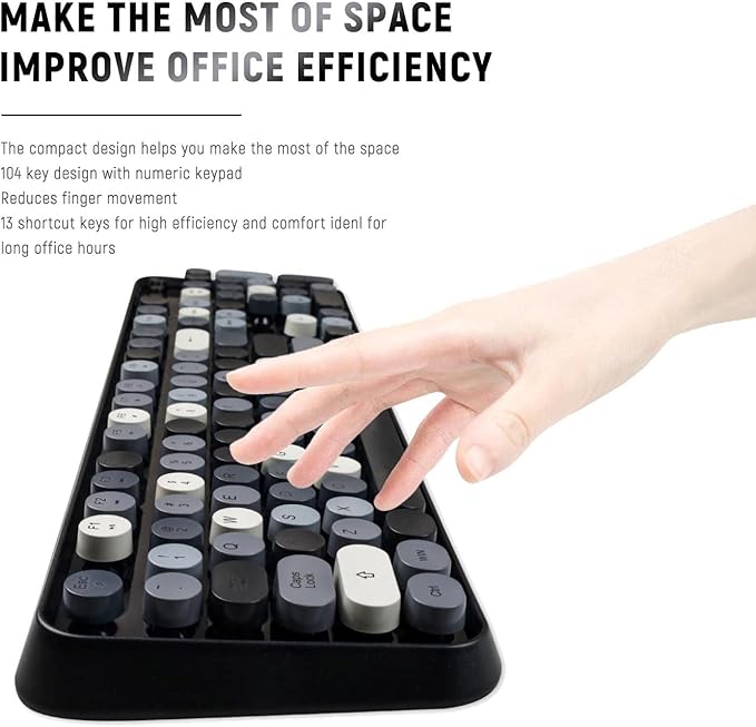 Wireless Keyboard and Mouse Combo, Retro Typewriter Style Bubble Keyboard with Round Keycaps, 2.4GHz Full Size Mixed Color Aesthetic Keyboards and 3 DPI Mouse Set for PC Laptop Desktop - Black Grey