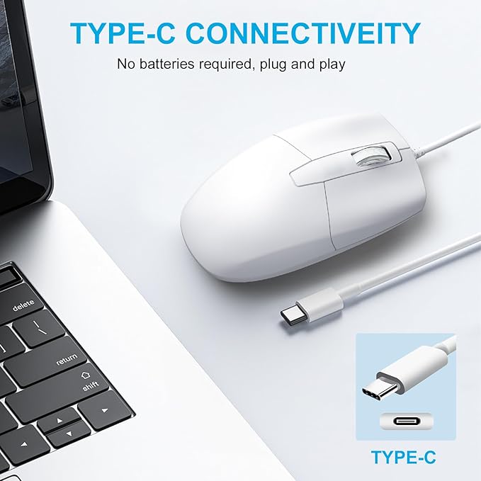 USB C Wired Mouse, Type C Optical Mouse, Portable Silent Comfortable, for Laptop, Mac, MacBook, Android, PC, White
