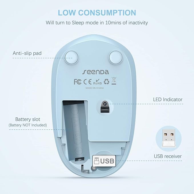 Wireless Mouse, 2.4G Noiseless Mouse with USB Receiver - seenda Portable Computer Mice for PC, Tablet, Laptop with Windows System (Light Blue)
