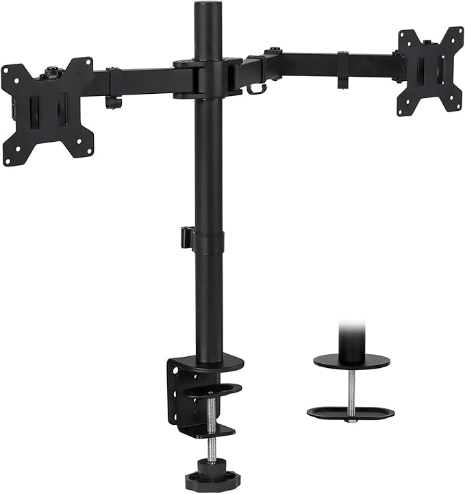 Mount-It! Dual Monitor Mount | Double Monitor Desk Stand | Interchangeable C-Clamp and Grommet Base | Two Heavy Duty Height Adjustable Arms Fit 2 Computer Screens 19 21.5 24 27 32 Inches | VESA 75 100