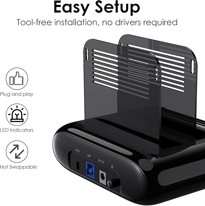 WAVLINK Dual Bay Hard Drive Docking Station - USB 3.0 to SATA I/II/III for 2.5" & 3.5" HDD/SSD with Fixed Bezel, Supports Offline Clone/Duplicator Function, Supports 2x20TB with UASP 6Gbps - Black