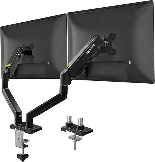 Dual Monitor Arms, Gas Spring Monitor Arms for 2 Monitors up to 34" Curved/Flat, 22lbs per Arm, VESA Mount 75x75 100x100mm, C-Clamp & Grommet Base, Adjustable Tilt/Swivel/Rotation