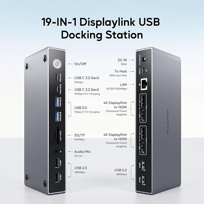 Displaylink Docking Station, USB C Docking Station Dual Displays for MacBook M1/M2/M3/M4 Windows, 4K@60Hz Displaylink Dock with 2 HDMI, 2 Display Port, 2USB C Data, 6 USBA, Ethernet, Audio