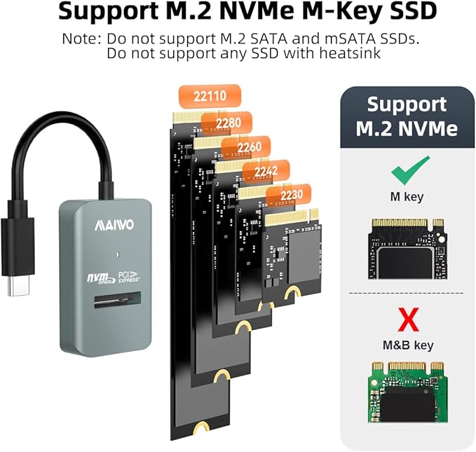 MAIWO M.2 NVMe to USB Adapter, USB C M.2 NVMe SSD Reader, USB3.2 GEN2x1 10Gbps with UASP Trim, 8TB Capacity, Tool Free Lay-Flat PCIe NVMe Dock Enclosure