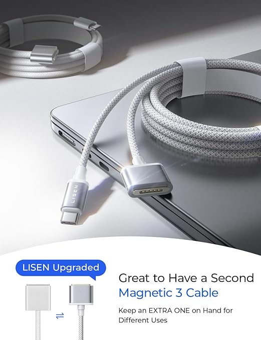 LISEN MacBook Charger USB-C to Magnetic 3 Cable (6.6FT) for M4/M3/M2 MacBook Pro Air M5 Charger, 140W Magnetic Safe 3 Cable Computer Laptop Cord for Pro (16"/14" 2026-2021) Air (15''/13'' 2026-2022)