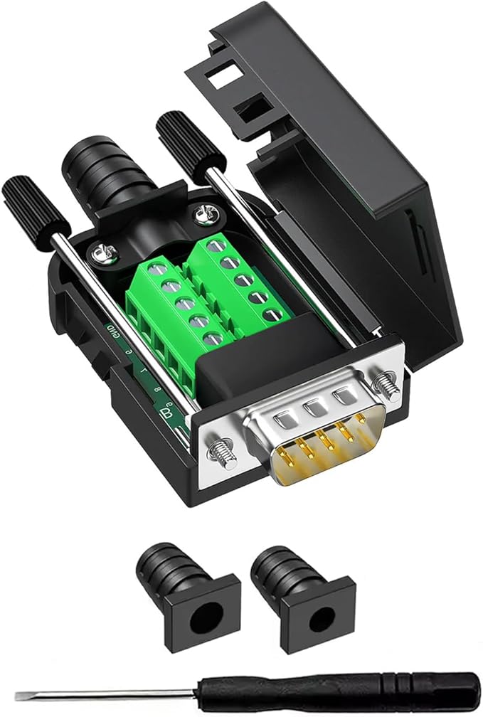 DB9 Breakout Connector, Male 9 pin RS232 connectors, Solderless D-SUB RS485 Serial Adapter Module Board with Screw Terminals, Case, Long Bolts