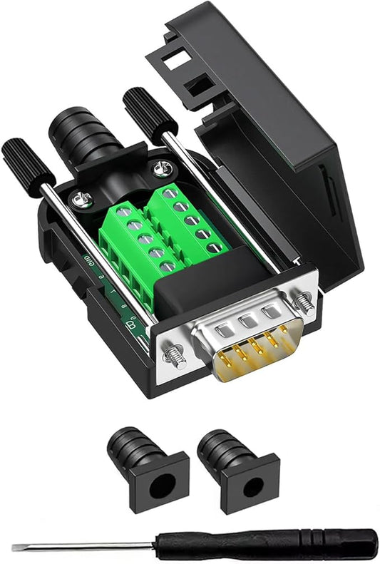 DB9 Breakout Connector, Male 9 pin RS232 connectors, Solderless D-SUB RS485 Serial Adapter Module Board with Screw Terminals, Case, Long Bolts