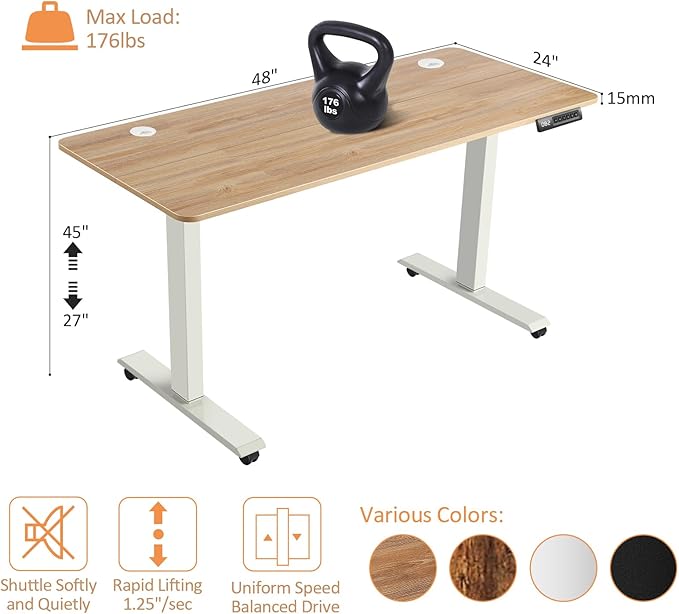 Electric Standing Adjustable Height Desk,55'' x 24'' Stand up Desk with Double Hooks and Wheels, 27''-45'' Lifting Range Computer Workstations(Oak)